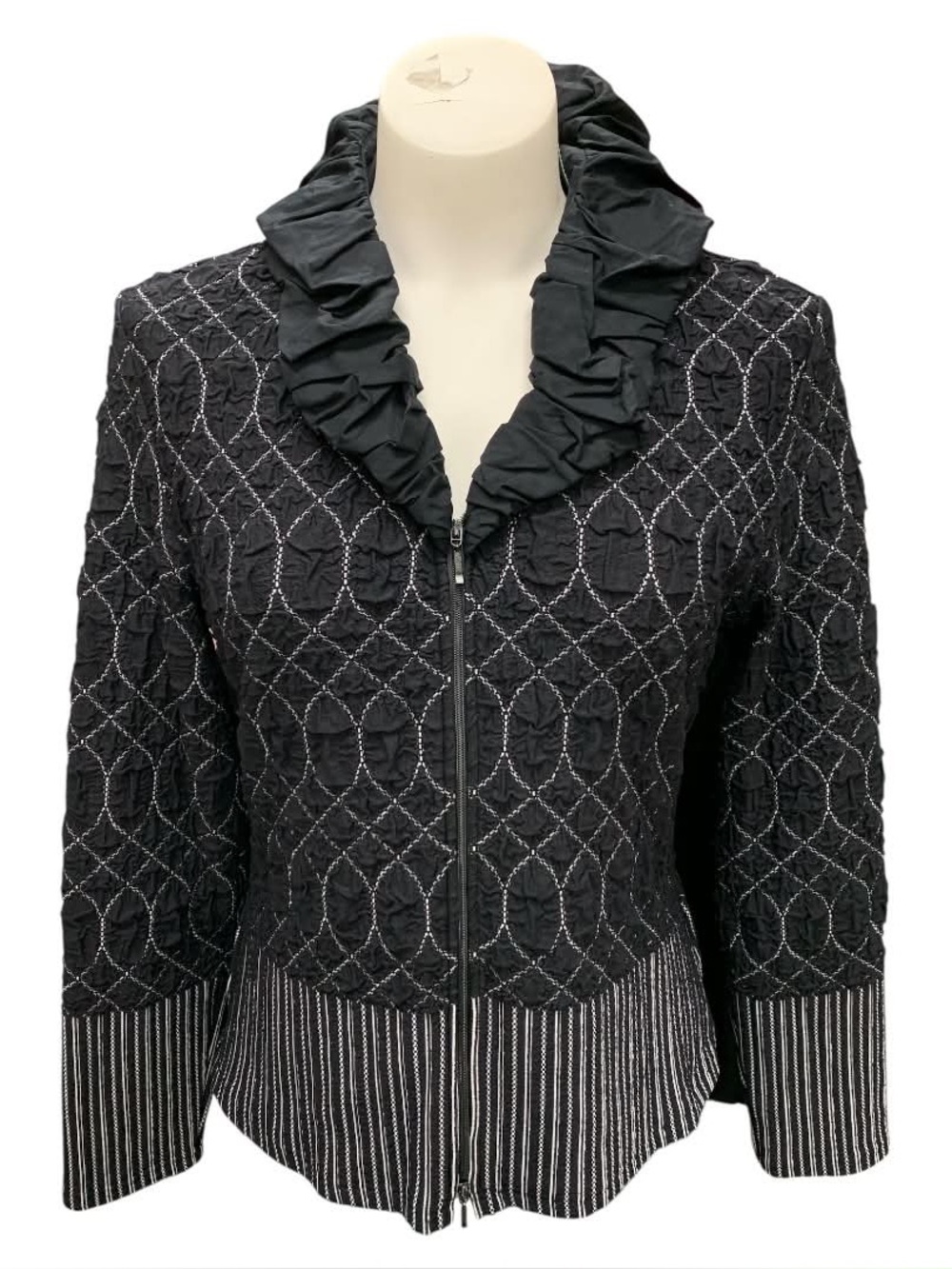ravel Black Quilted Jacket with Ruffle Collar and Striped Hem Size M